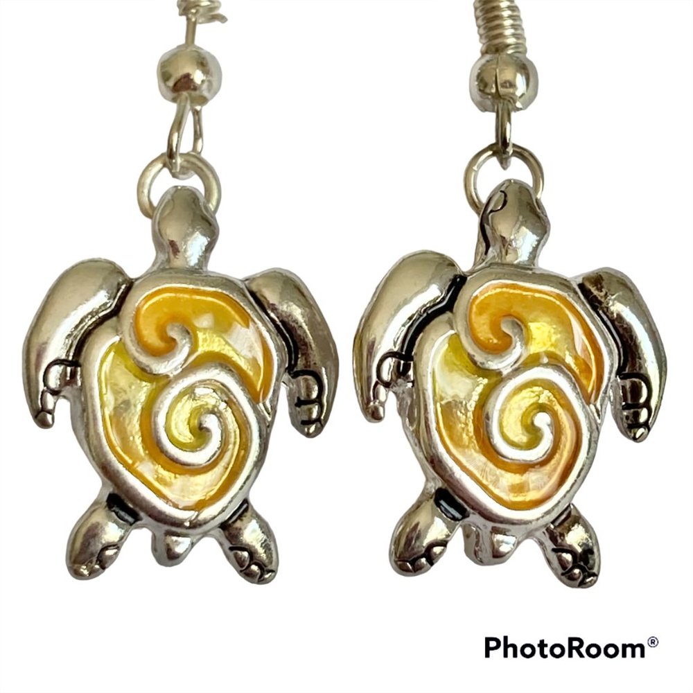 Sea Turtle Earrings Silver Plated Nautical Island Sea Life Pierced Yellow Orange